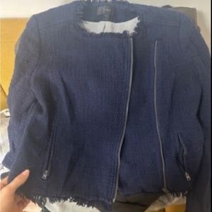 Women’s J. Crew Size 8P Boucle Zippered Tweed Navy Diagonal Zip Blazer